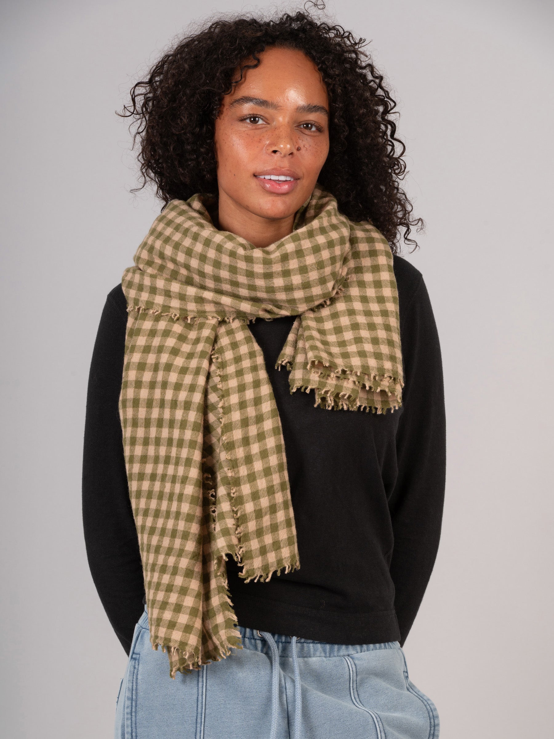 Boiled Wool Silk Blend Green Check Scarf - Forgotten Tribes