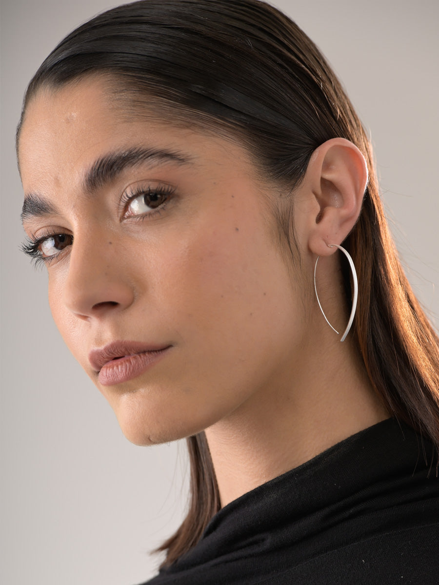 Sterling Silver Thread Through Curved Long Bar Earrings - Forgotten Tribes