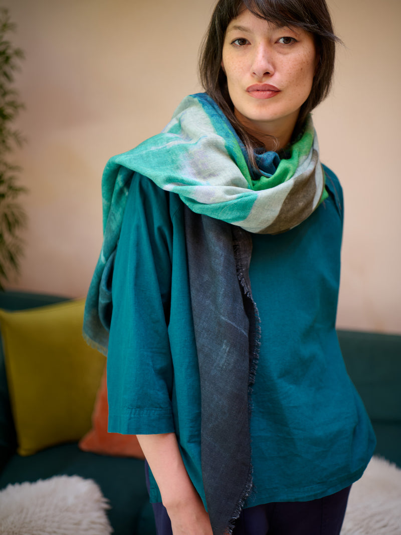 Fine Wool Silk Blend Oversized Square Print Scarf - Forgotten Tribes