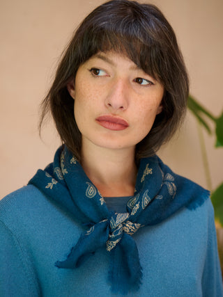 Fine Wool Silk Denim Blue Paisley Bandana