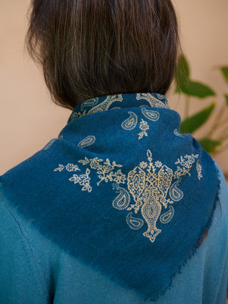 Fine Wool Silk Denim Blue Paisley Bandana