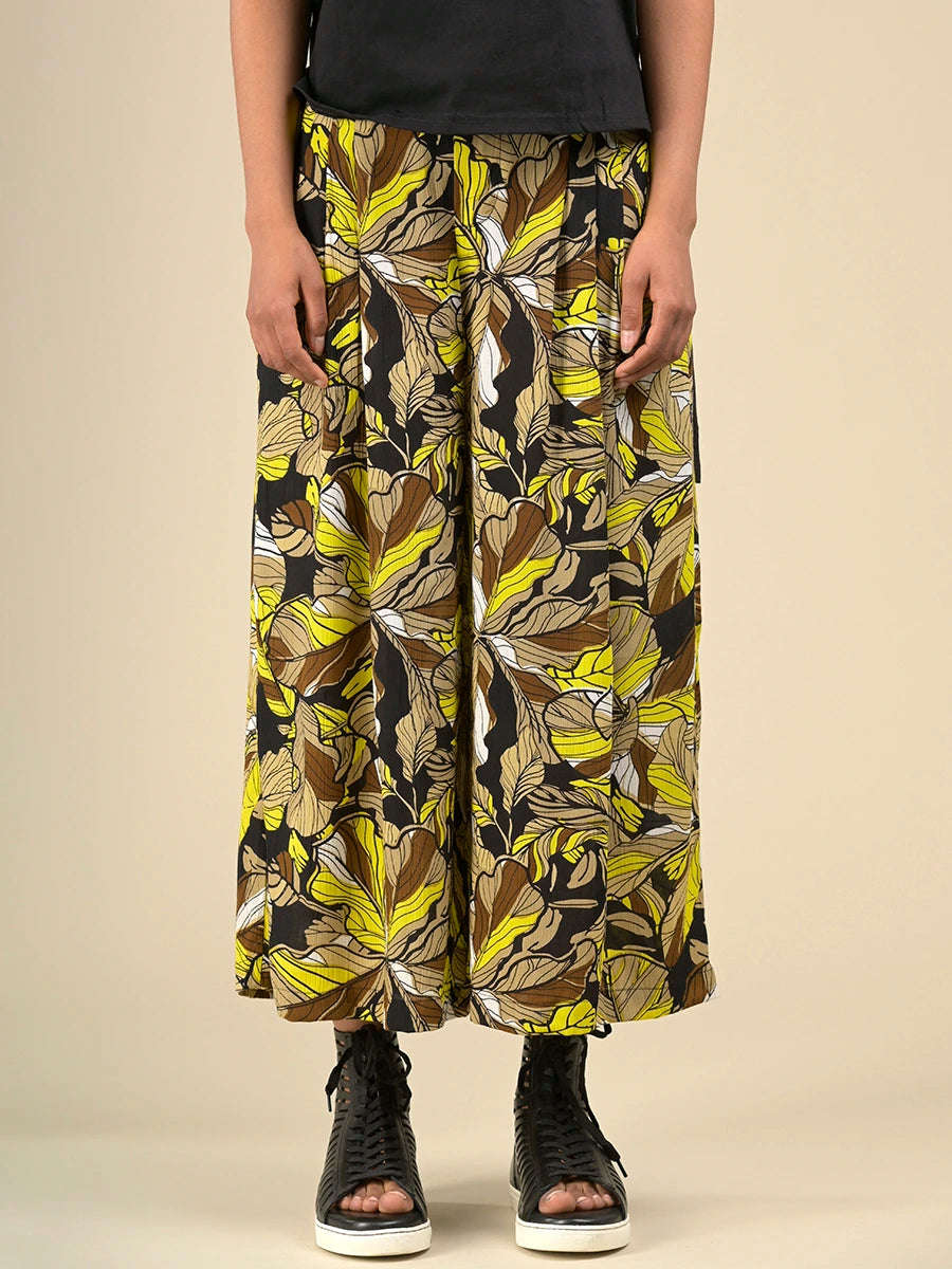 Botanical Print Wide Leg Cropped Trousers - Forgotten Tribes