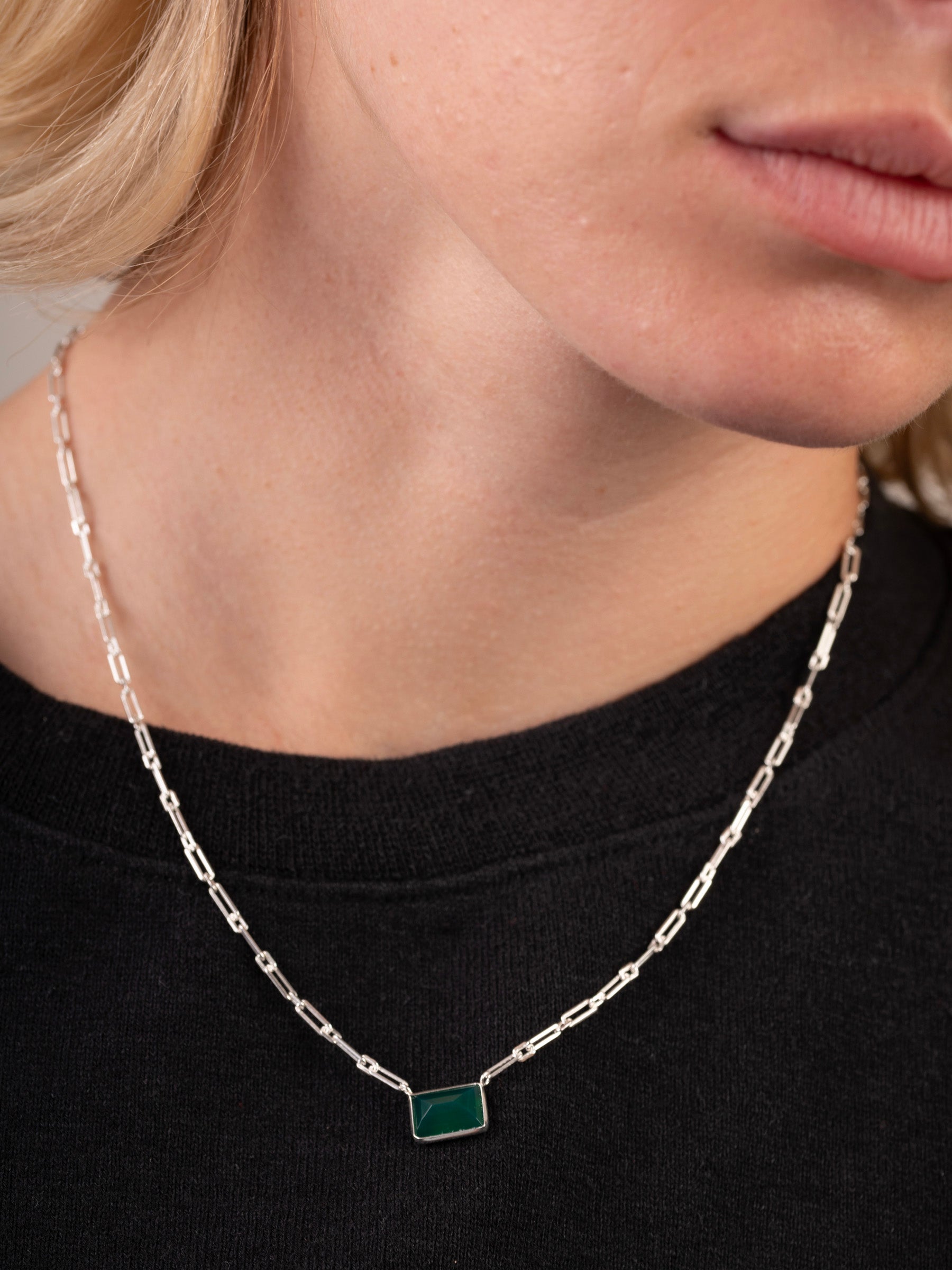 Sterling Silver Green Onyx Link Chain Necklace
