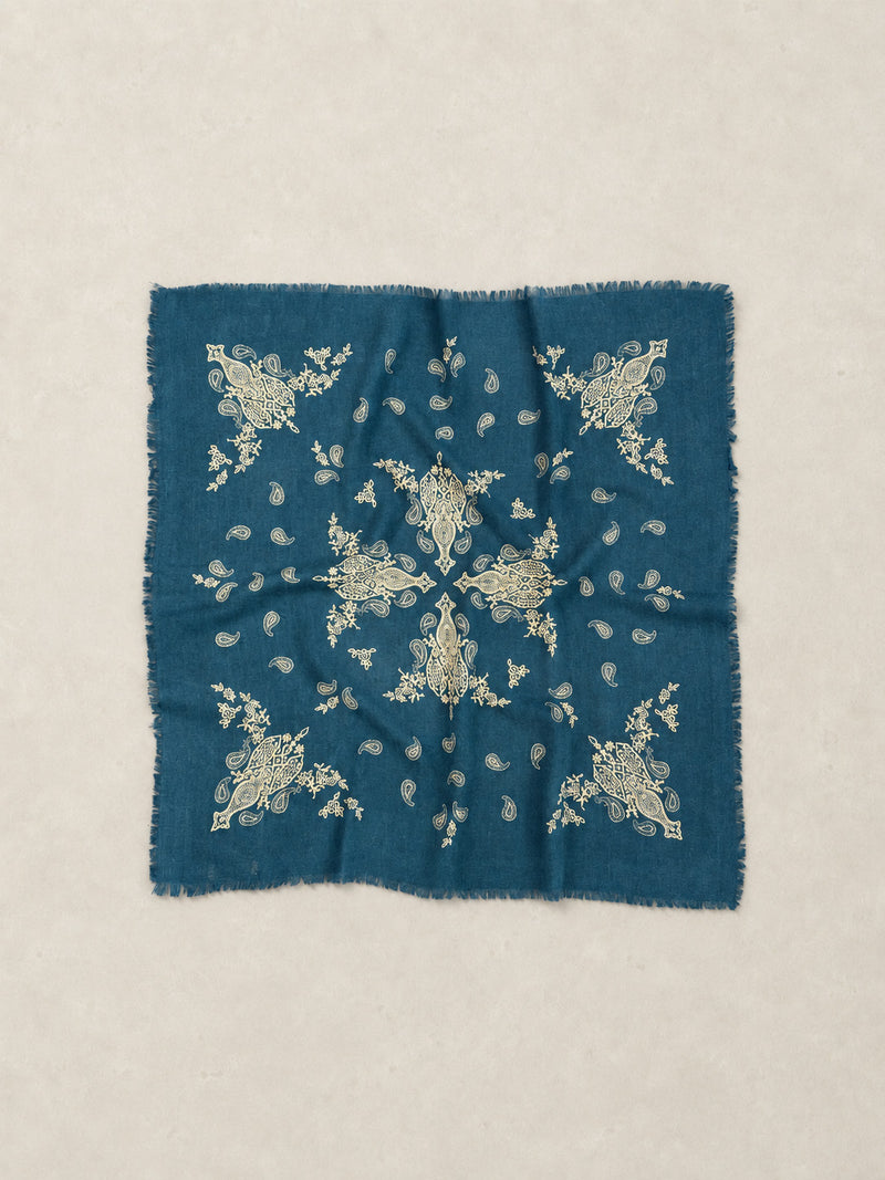 Fine Wool Silk Denim Blue Paisley Bandana - Forgotten Tribes