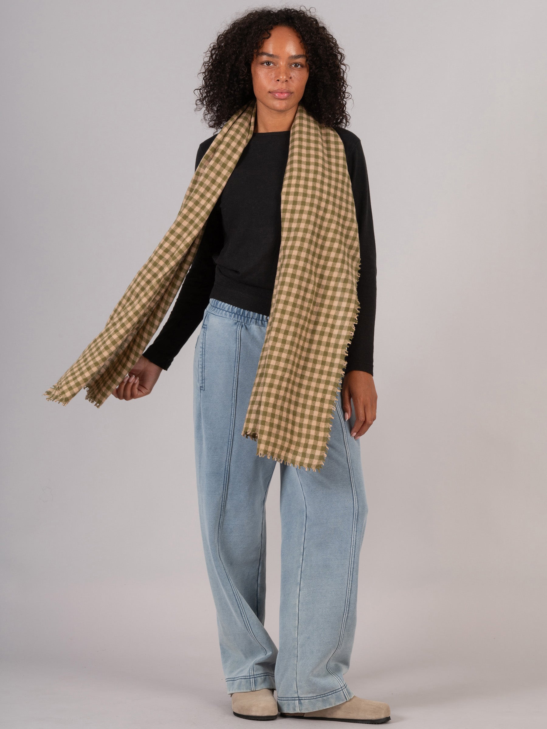 Boiled Wool Silk Blend Green Check Scarf - Forgotten Tribes