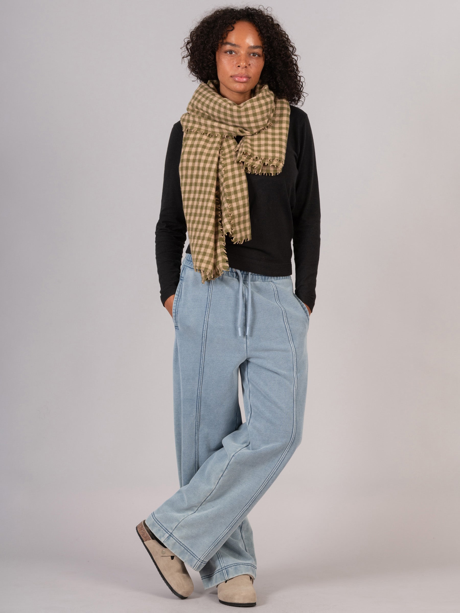 Boiled Wool Silk Blend Green Check Scarf - Forgotten Tribes