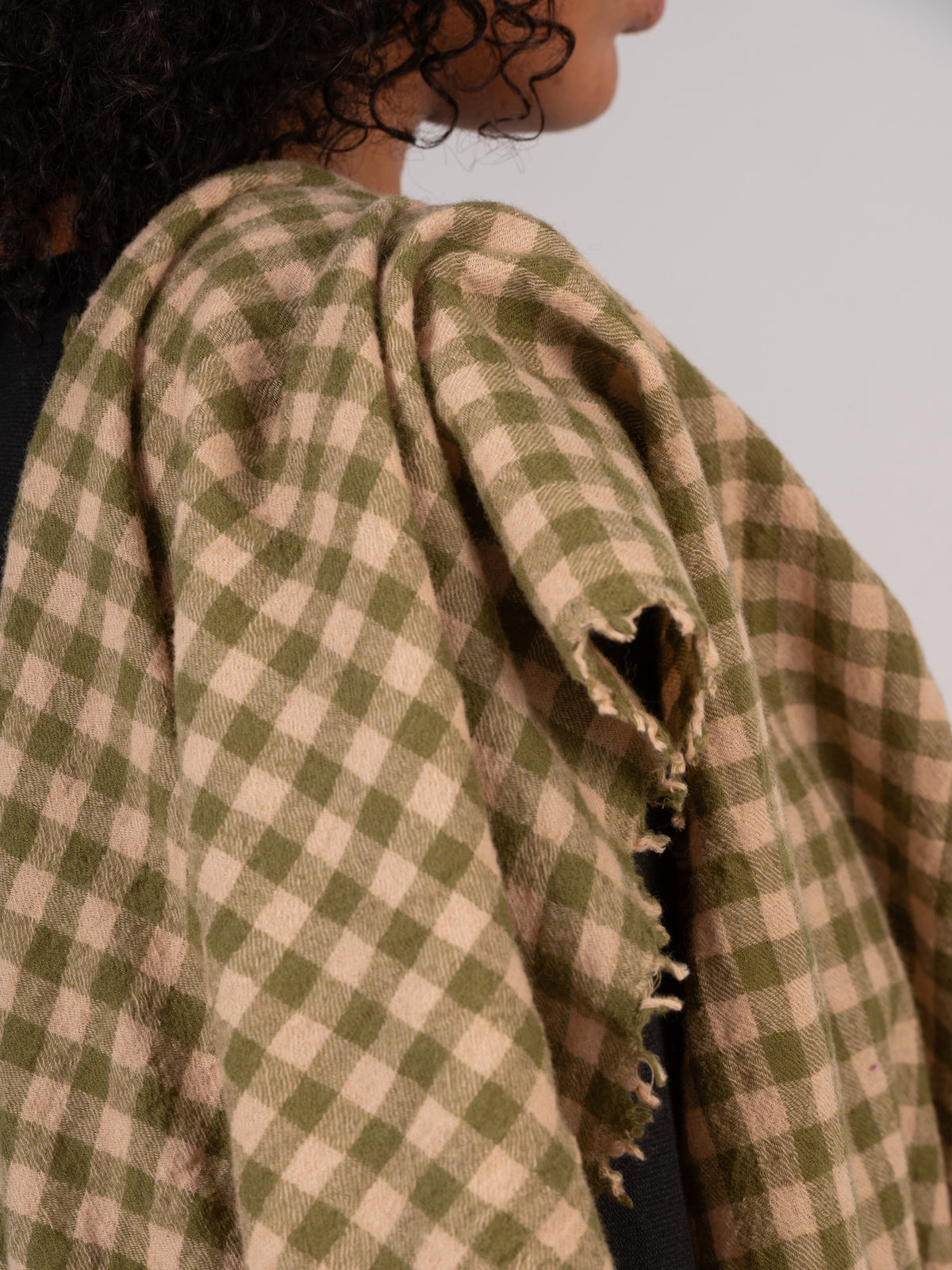 Boiled Wool Silk Blend Green Check Scarf - Forgotten Tribes