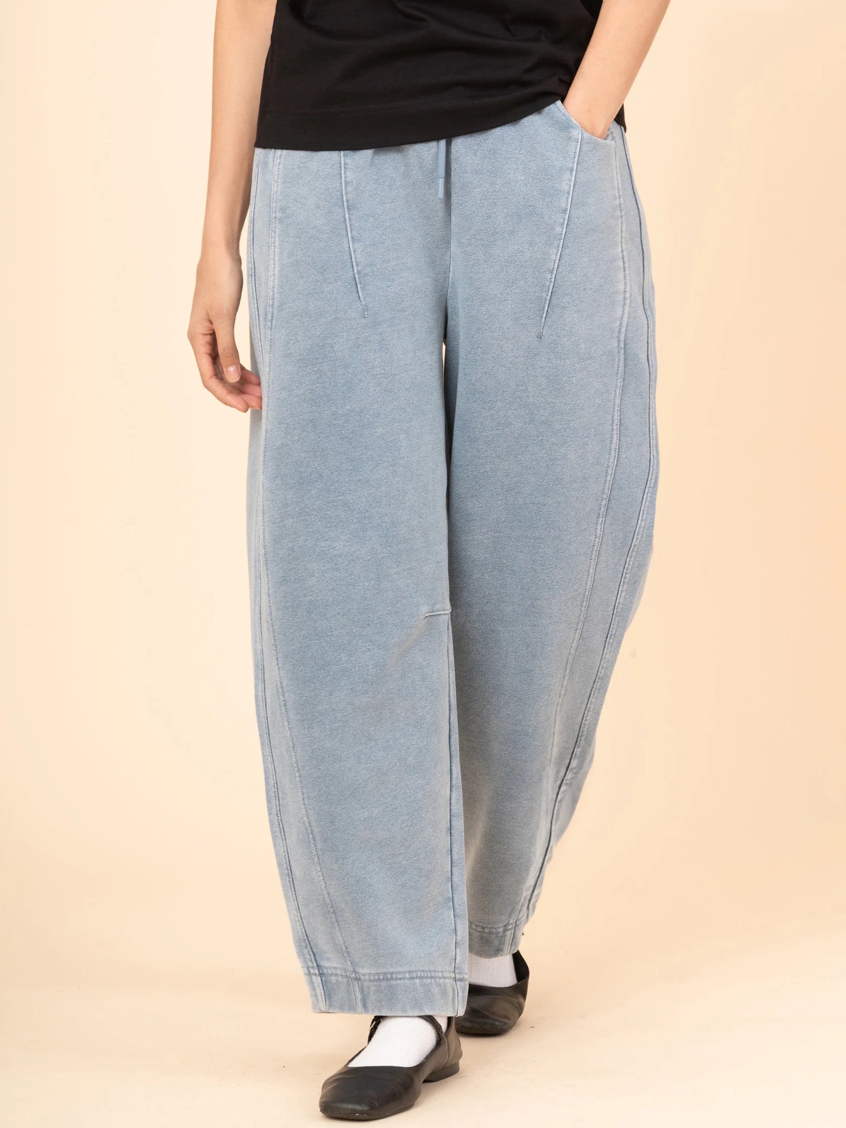 Paxi - Denim Wash Fleece Barrel Leg Trousers - Forgotten Tribes