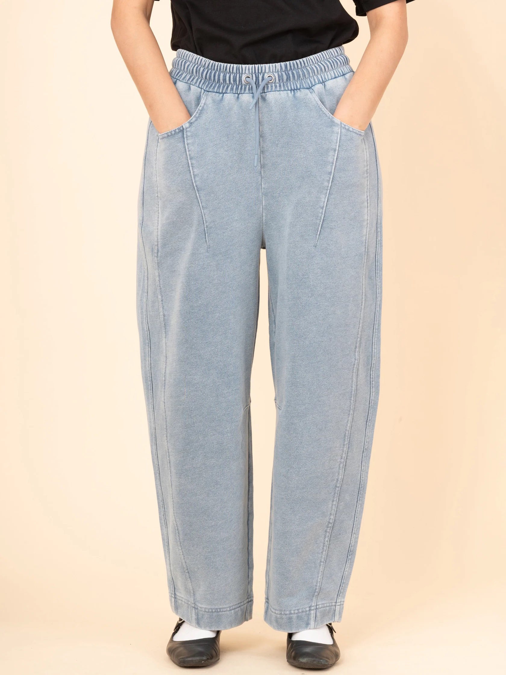 Paxi - Denim Wash Fleece Barrel Leg Trousers - Forgotten Tribes