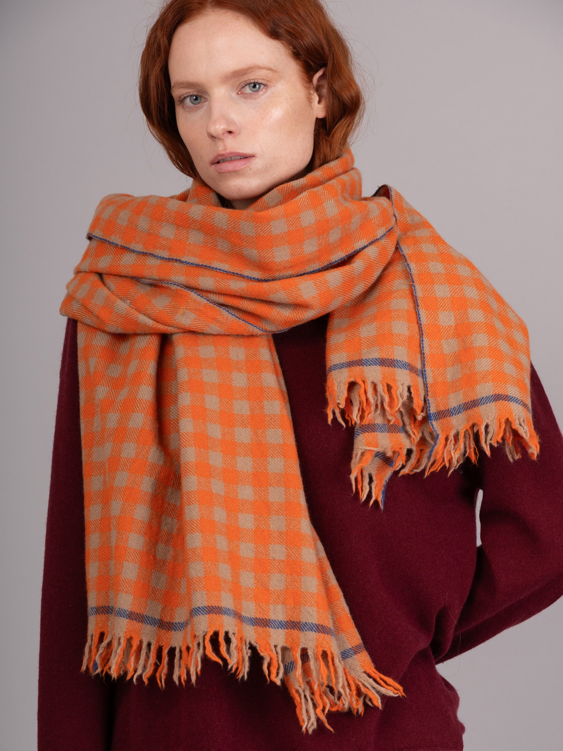 Pure Wool Orange Check Scarf - Forgotten Tribes