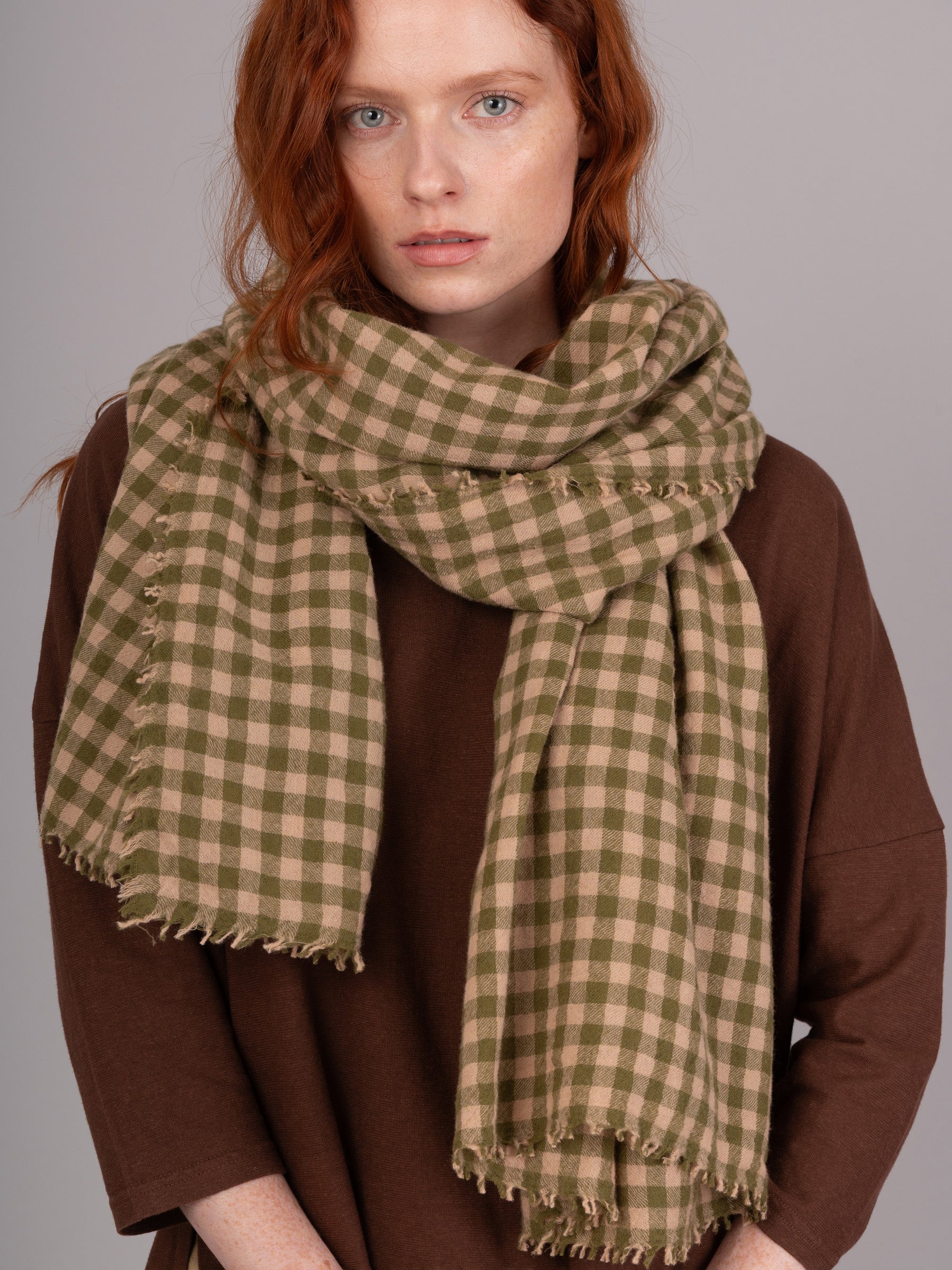 Boiled Wool Silk Blend Green Check Scarf - Forgotten Tribes