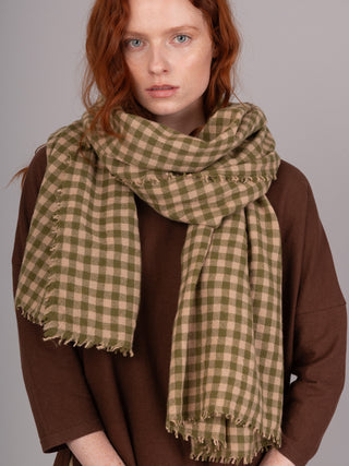 Boiled Wool Silk Blend Green Check Scarf - Forgotten Tribes