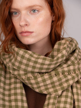 Boiled Wool Silk Blend Green Check Scarf - Forgotten Tribes