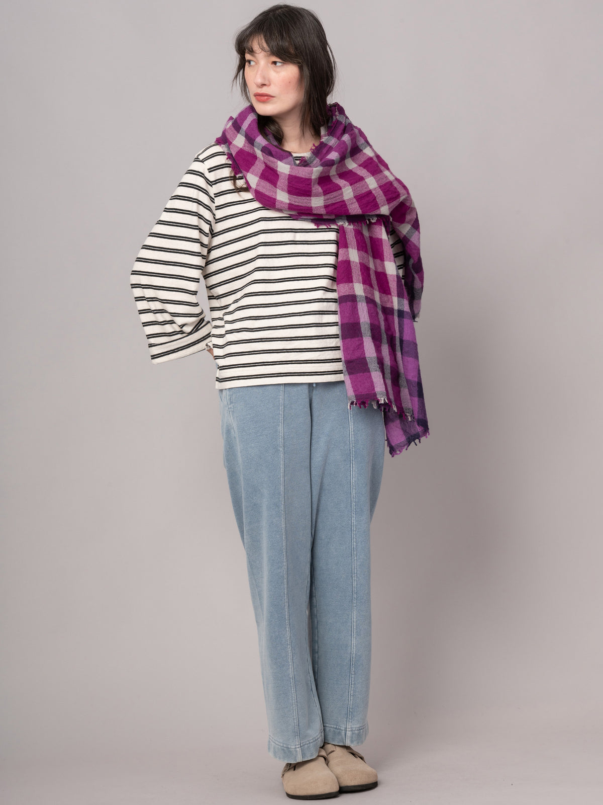 Pure Boiled Wool Purple Check Scarf - Forgotten Tribes