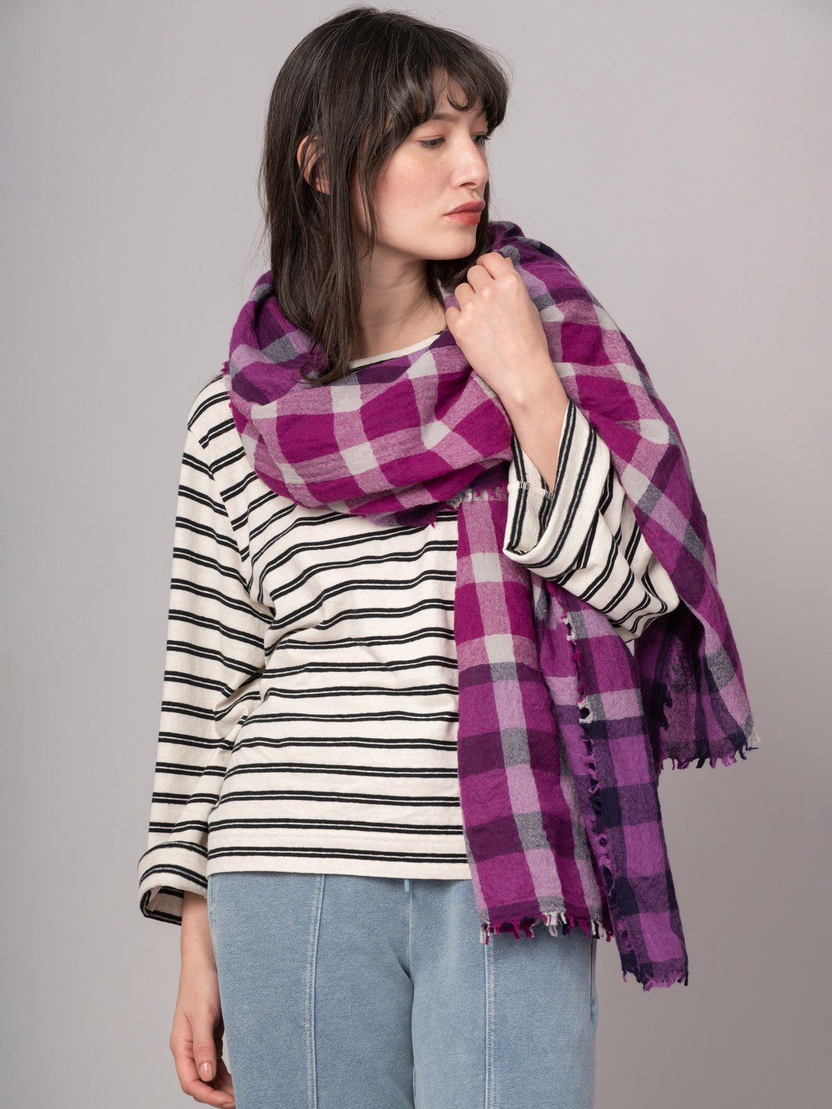 Pure Boiled Wool Purple Check Scarf - Forgotten Tribes