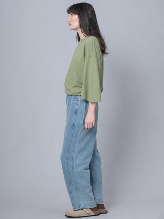 Paxi - Denim Wash French Terry Barrel Leg Trousers - Forgotten Tribes