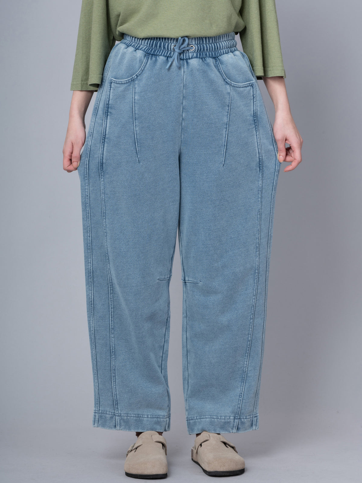 Paxi - Denim Wash French Terry Barrel Leg Trousers - Forgotten Tribes