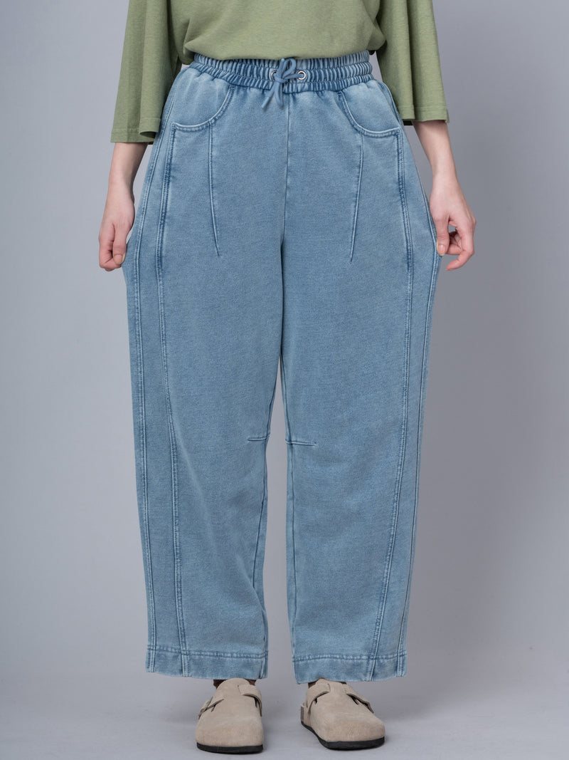 Paxi - Denim Wash French Terry Barrel Leg Trousers - Forgotten Tribes