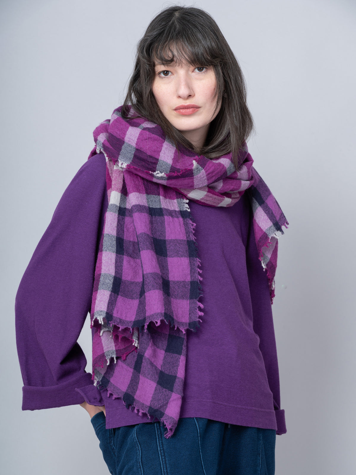 Pure Boiled Wool Purple Check Scarf - Forgotten Tribes