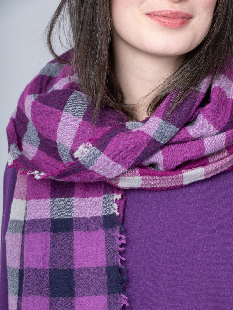 Pure Boiled Wool Purple Check Scarf - Forgotten Tribes