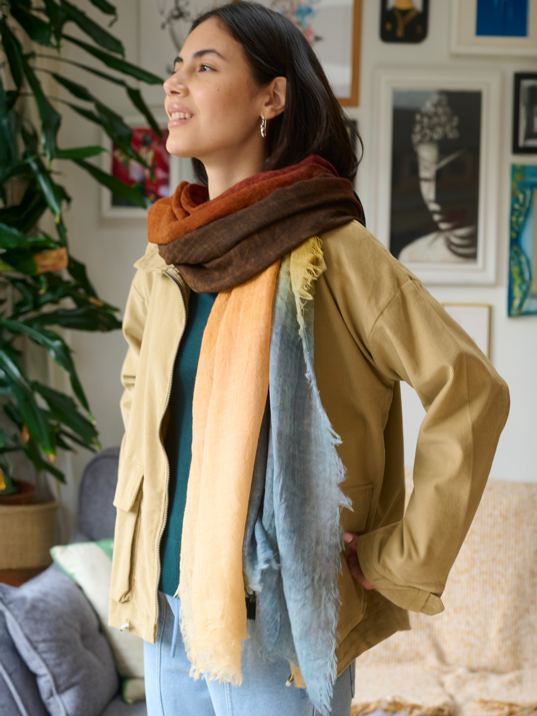 Fine Wool Print Scarf - Gradient Colour Work